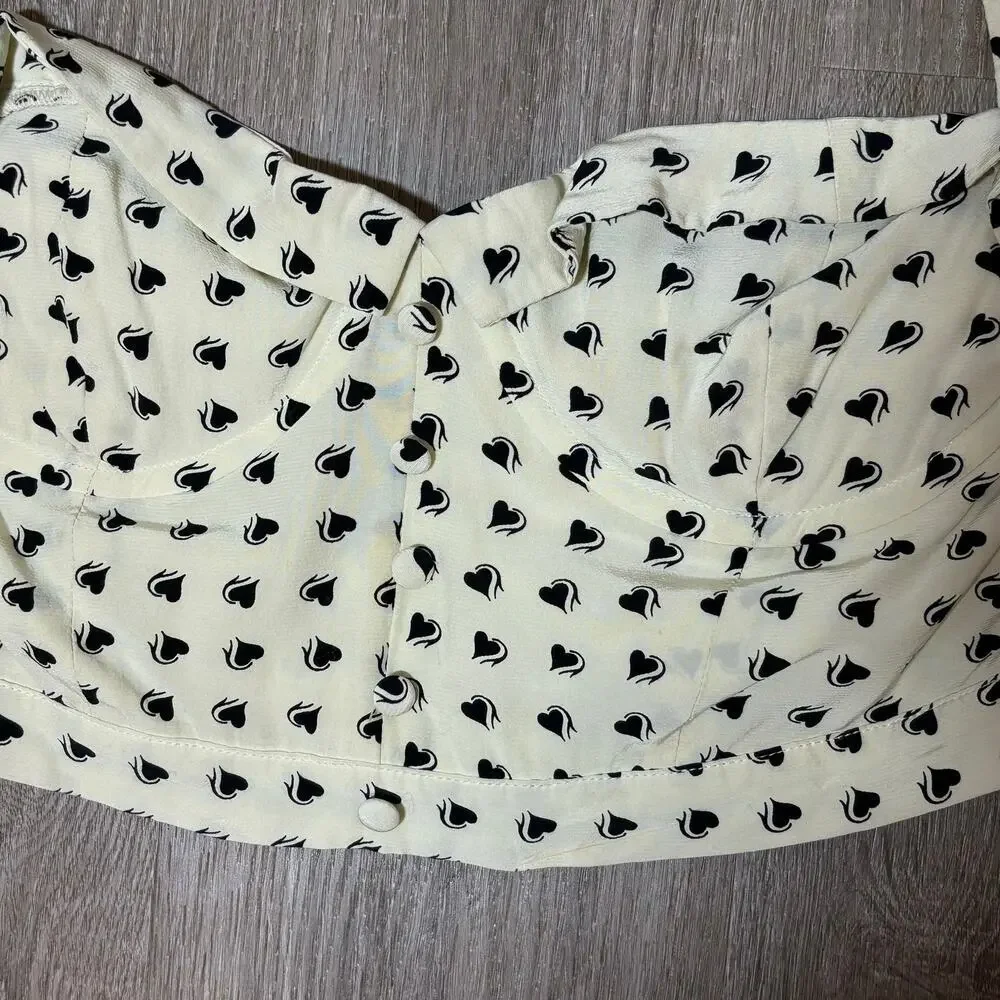 For Love & Lemons Sweetheart Crop Top Creme Heart Print Puff Sleeve Bustier Sz M